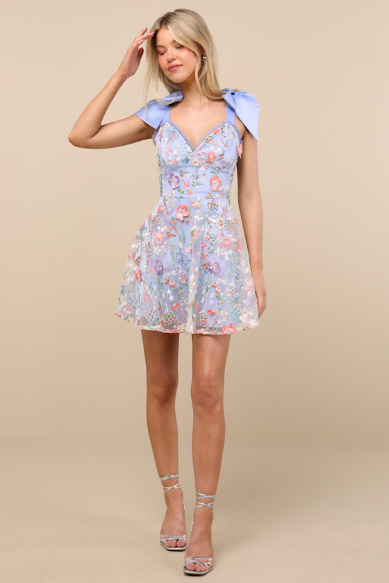 Lulus Astara Periwinkle Floral Embroidered Tie-strap Mini Dress