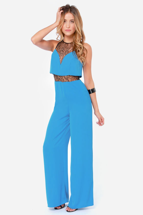 Cute Bright Blue Jumpsuit - Lace Jumpsuit - Wide-Leg Jumpsuit - $47.00 ...
