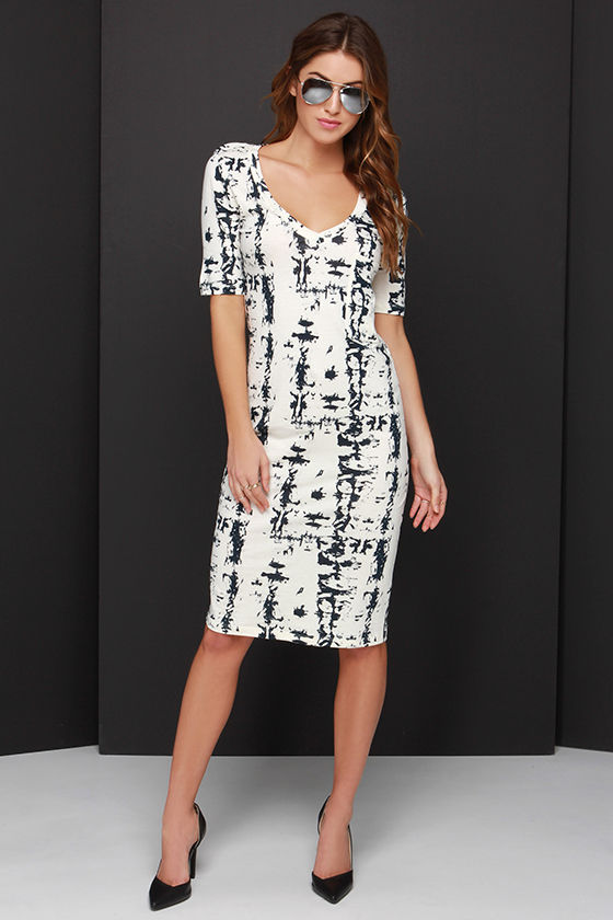 Chic Black and Cream Dress Print Dress Midi Dress TShirt Dress
