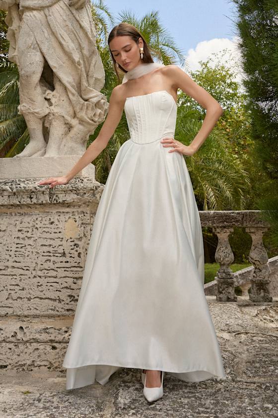 Angelica White Satin Strapless Three-Piece Maxi Dress