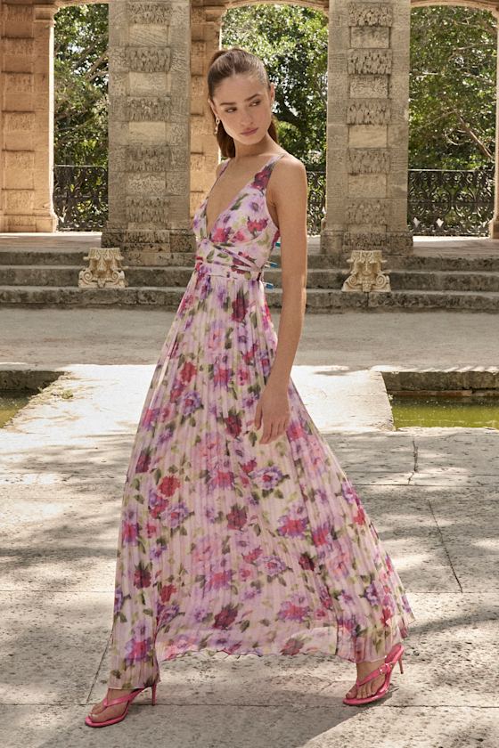 Lulus Morgana Lilac Multi Floral Satin Pleated Maxi Dress
