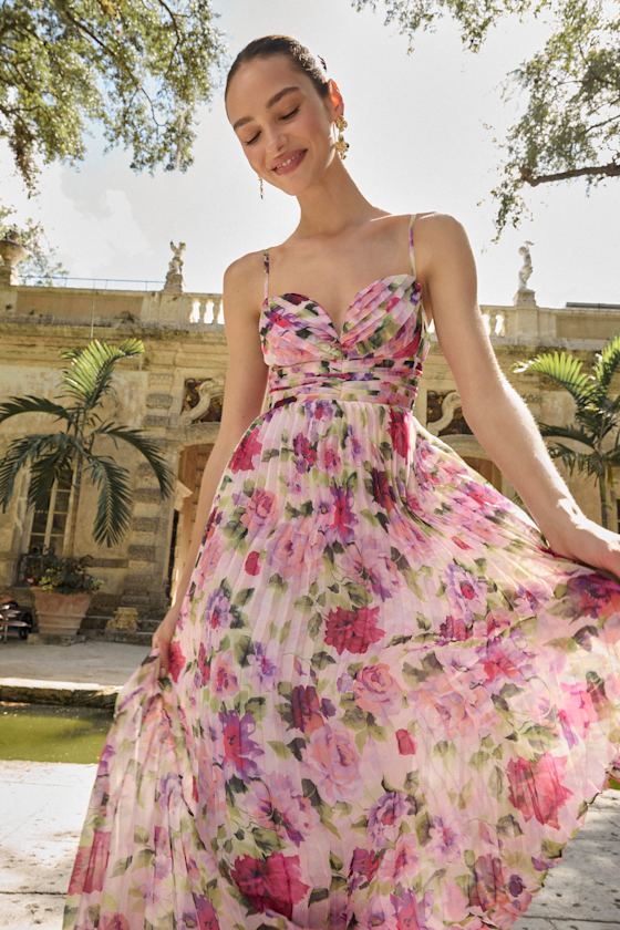 Lulus Samika Pink Multi Floral Satin Pleated Maxi Dress