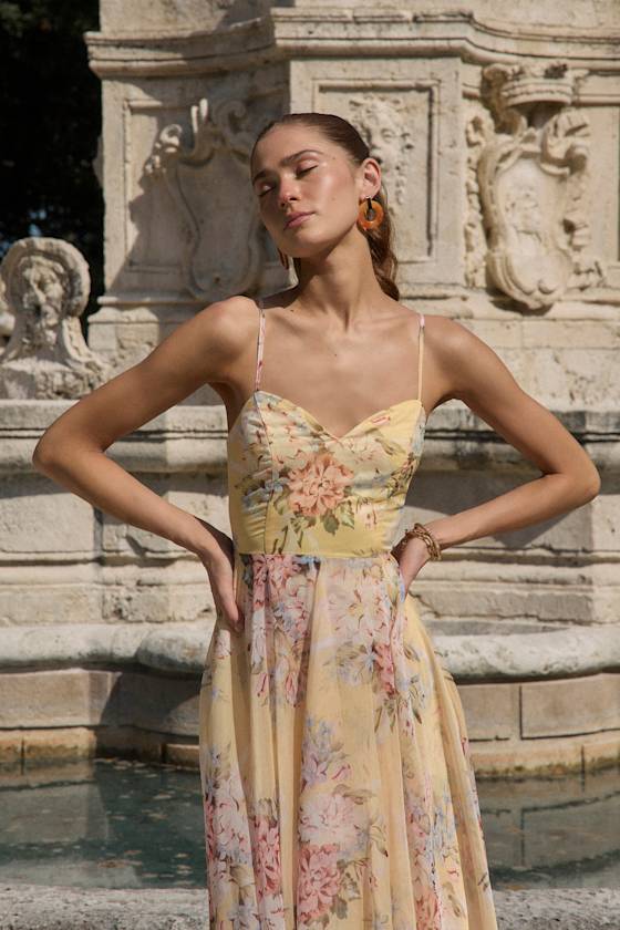 Lulus Breigh Yellow Floral Sleeveless Maxi Dress