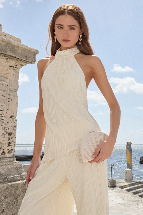Lulus Lenni Cream Plisse Backless Two-piece Jumpsuit