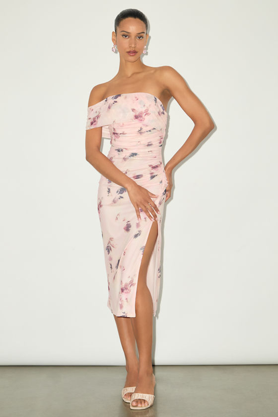 Lulus Jayleen Light Pink Floral Mesh One-shoulder Midi Dress In Pink