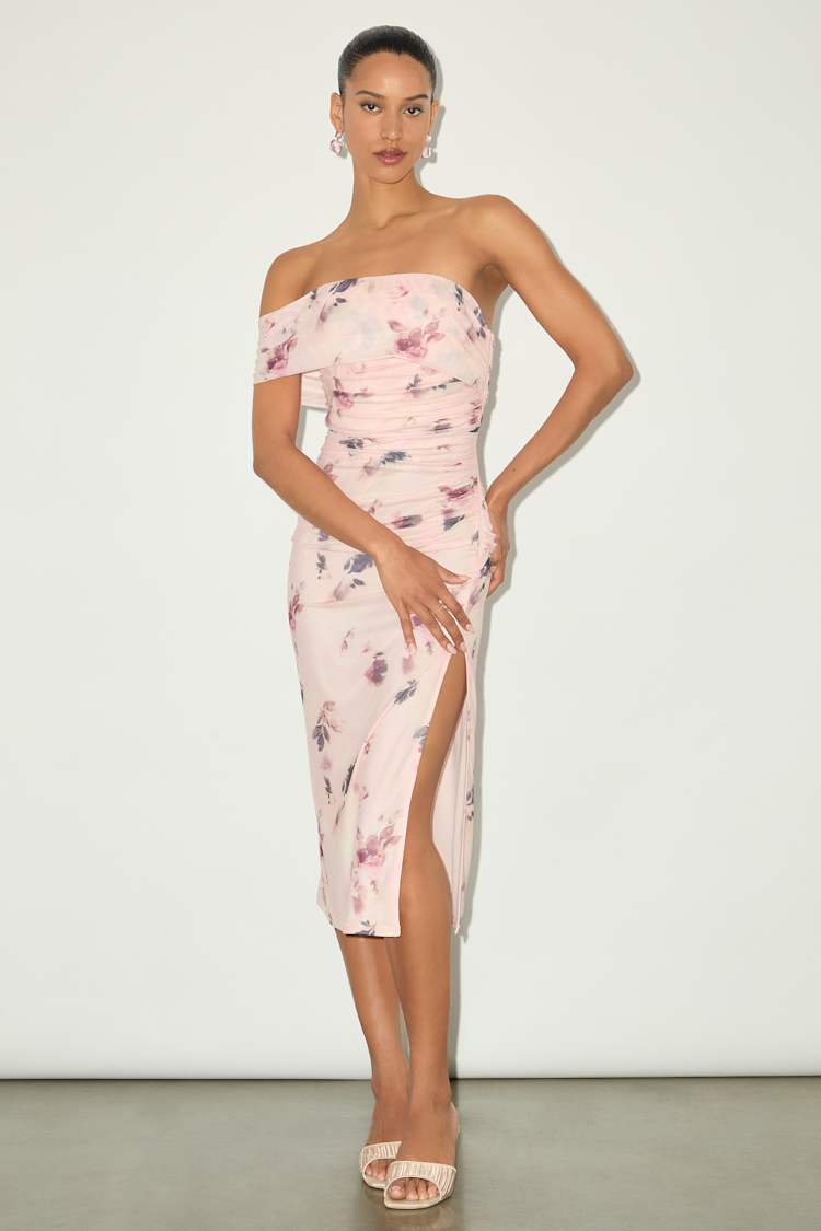Jayleen Light Pink Floral Mesh One-Shoulder Midi Dress