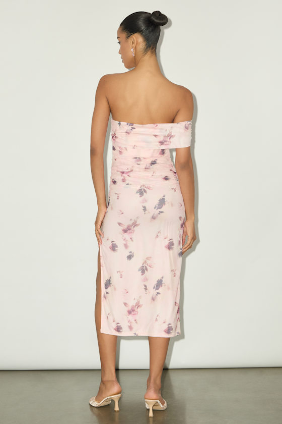 Lulus Jayleen Light Pink Floral Mesh One-shoulder Midi Dress In Pink