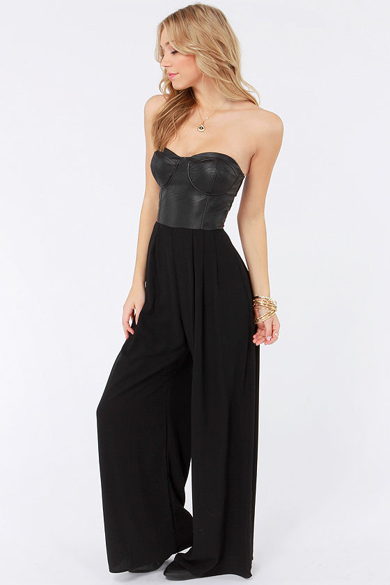 Sexy Black Jumpsuit Strapless Jumpsuit Vegan Leather Jumpsuit 57.00