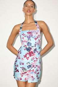 Zhenya Light Blue Floral Satin Halter Mini Dress 1