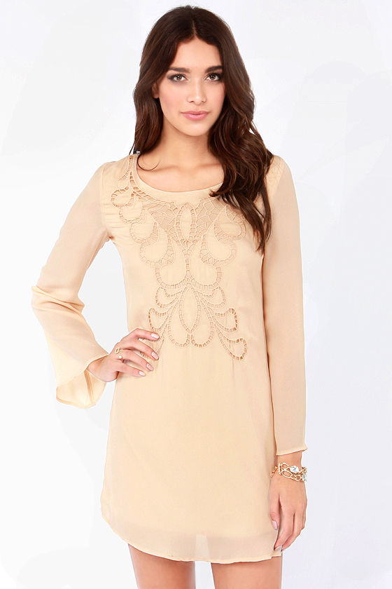 Pretty Beige Dress Shift Dress Embroidered Dress 49.00 Lulus