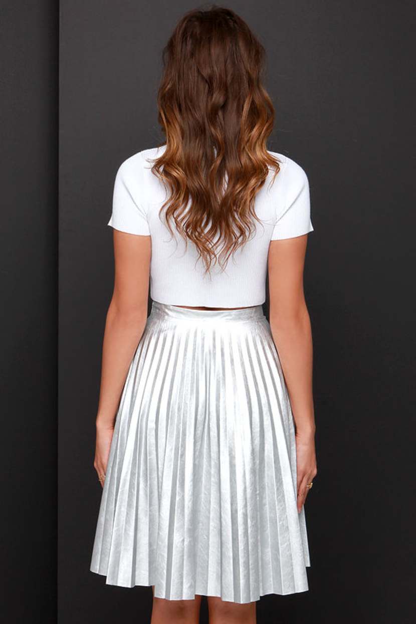 Pleated Midi Skirt Outfit White Faux Leather Skirt Pleated Silver