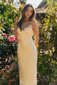 Raenne Light Yellow Crinkle Satin Lace Midi Slip Dress 1