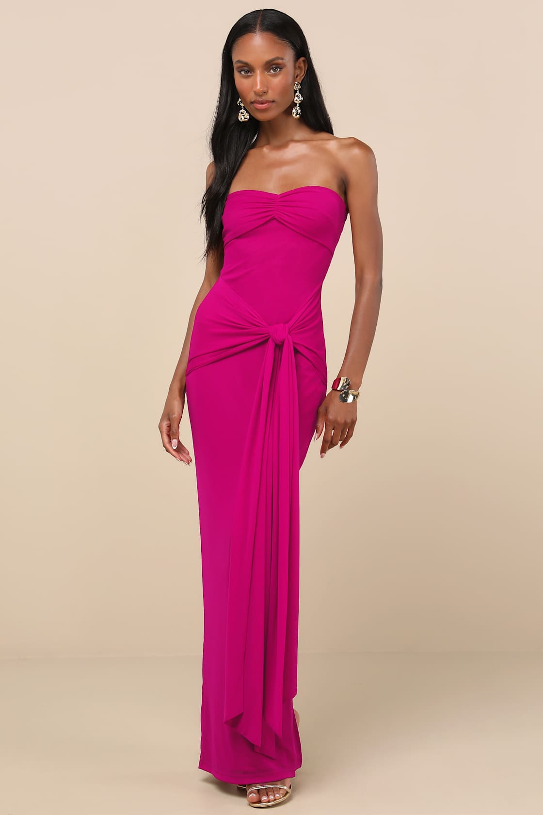 Kaisla Magenta Knotted Strapless Mermaid Maxi Dress