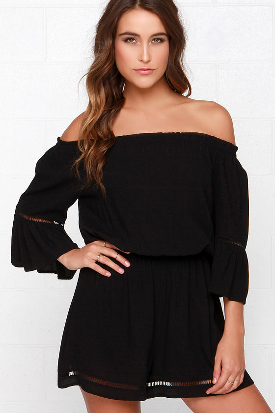 Cute Black Romper - Off the Shoulder Romper - Embroidered Romper - $47.00 - Lulus