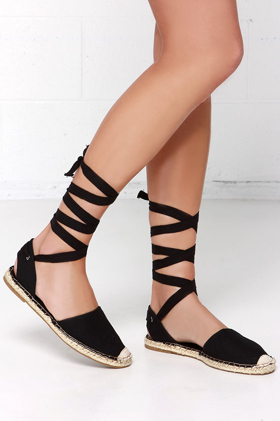 Cute Black Flats Espadrille Flats Leg Wrap Sandals 23.00 Lulus