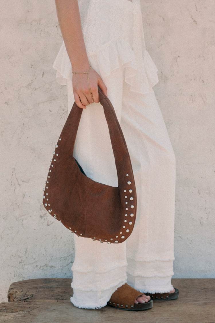 Artea Brown Suede Studded Shoulder Bag