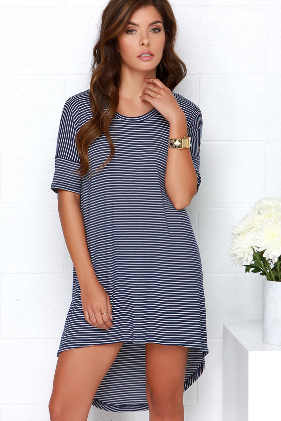 Chic Ivory and Navy Blue Dress - Striped Dress - High-Low Dress - $32. ...