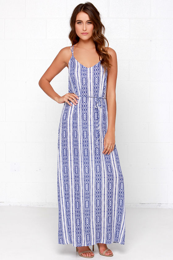 Pretty Cream and Blue Dress - Print Dress - Maxi Dress - $54.00