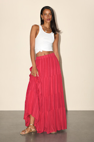 Sunset by the Sea Coral Red Embroidered Tiered Maxi Skirt 5