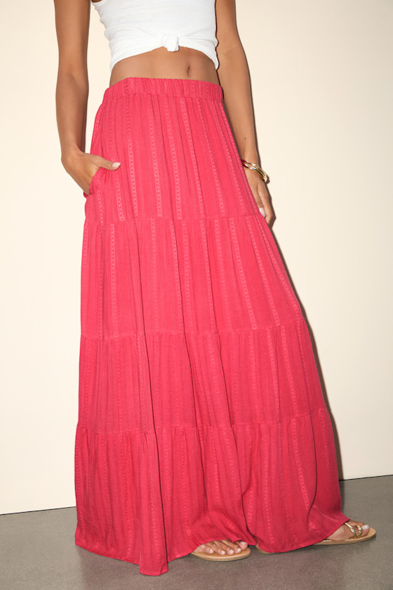 Sunset by the Sea Coral Red Embroidered Tiered Maxi Skirt 6
