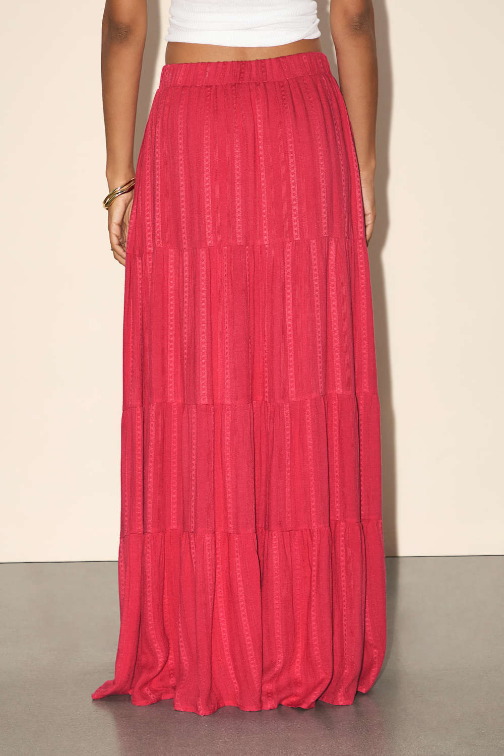 Sunset by the Sea Coral Red Embroidered Tiered Maxi Skirt