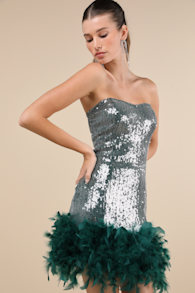 Especially Fabulous Emerald Sequin Feather Strapless Mini Dress 1