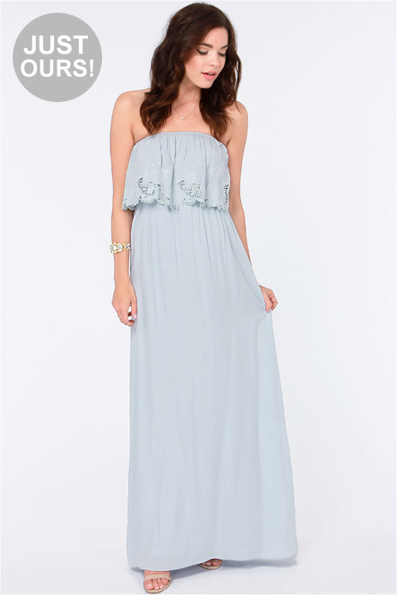 light blue strapless maxi dress
