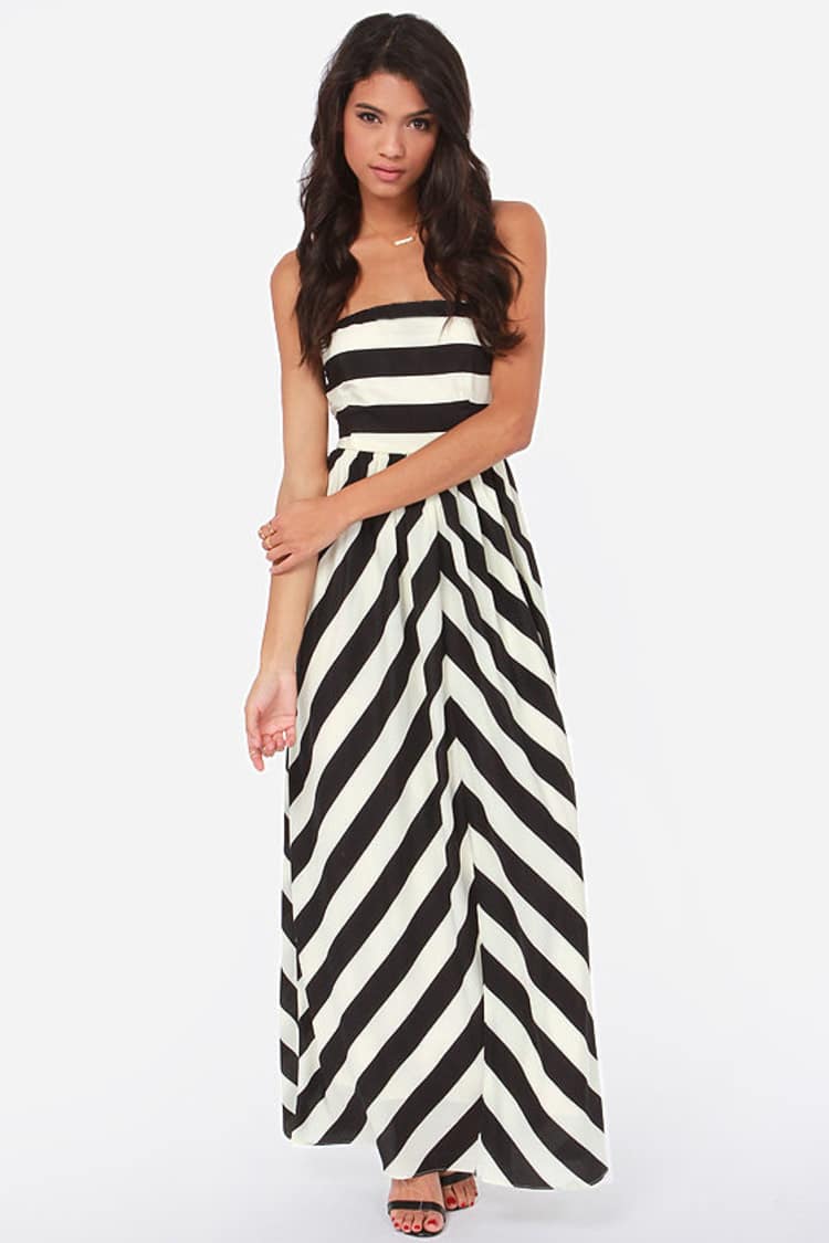 chinese dress ladies Natalia Blue Striped Strapless Plisse Maxi Dress