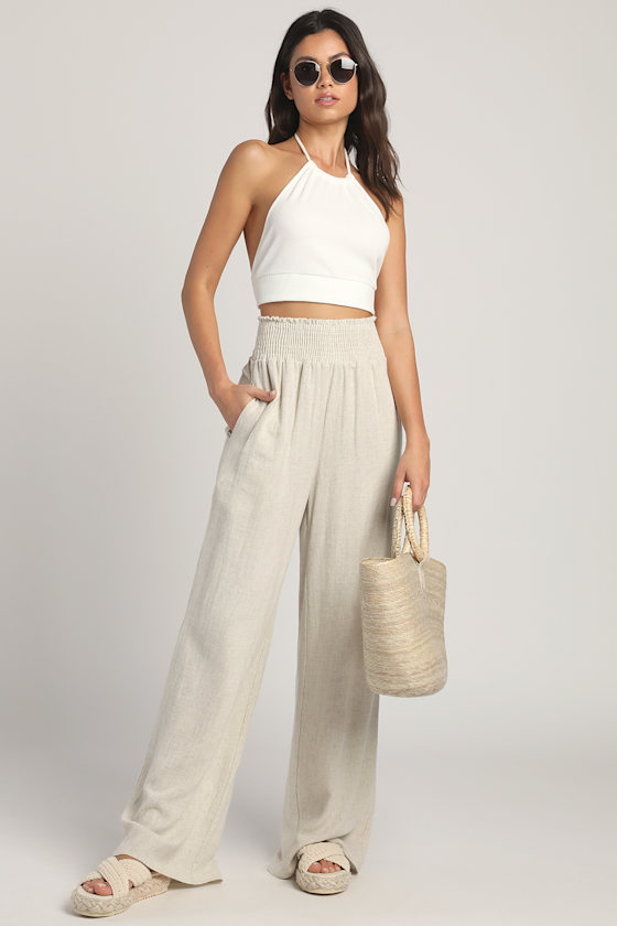 Hit the Breeze Beige Smocked Wide-Leg Pants 9