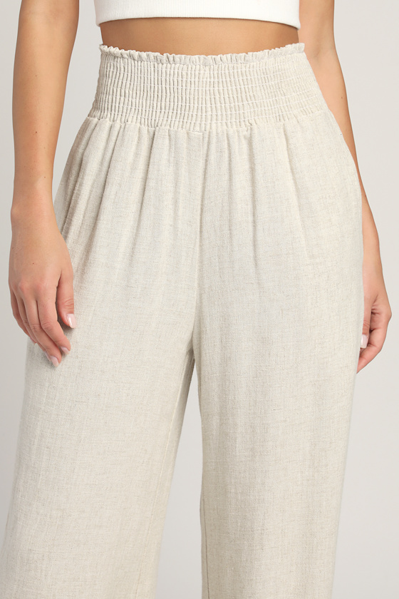 Beige Wide-Leg Pants - Smocked Pants - Pull-On Pants - Pants