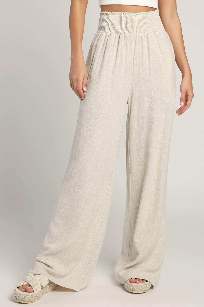 Hit the Breeze Beige Smocked Wide-Leg Pants