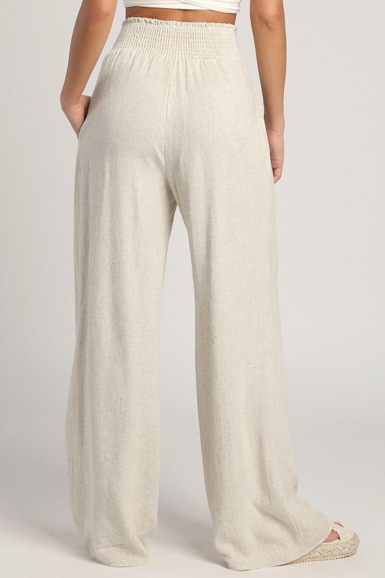 Hit the Breeze Beige Smocked Wide-Leg Pants - thumbnail 4