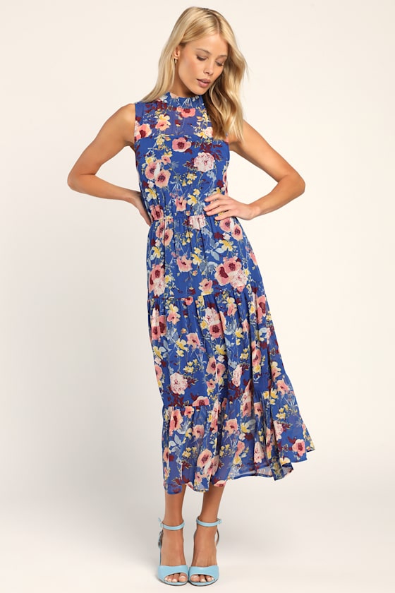 Watercolor Floral Tiered Dress Blue 美品 Lilla Tiered Midi Dress | Off-White + Blue Floral