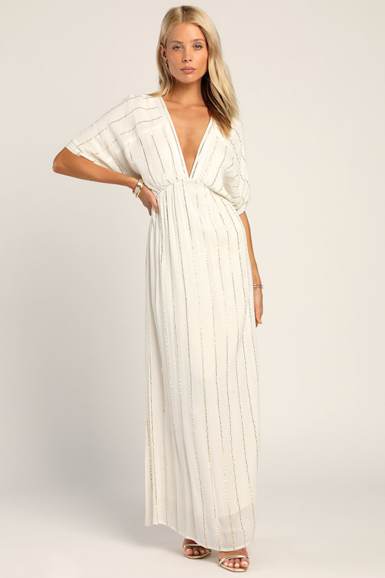Goddess Vibes Ivory Gold Striped Dolman Sleeve Maxi Dress 6