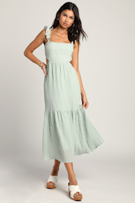 Dreamiest Darling Mint Smocked Tie-Back Tiered Midi Dress 6