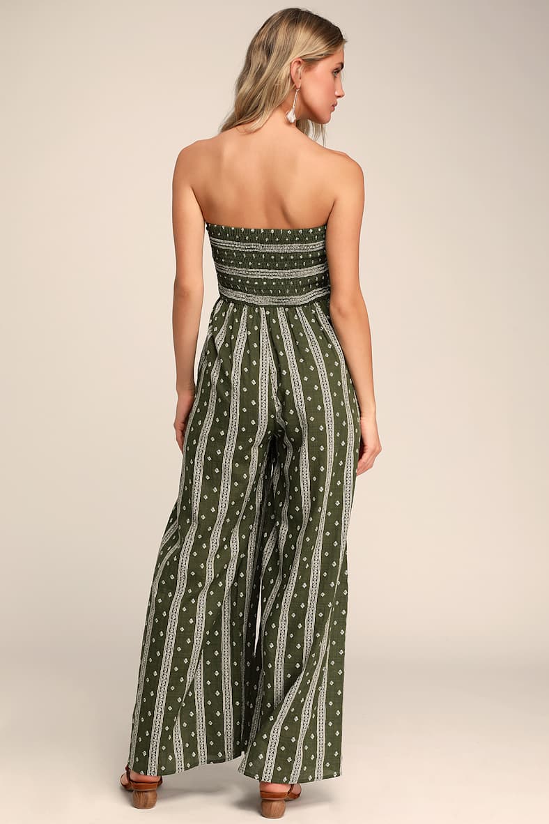 Raine Olive Green Print Strapless Jumpsuit