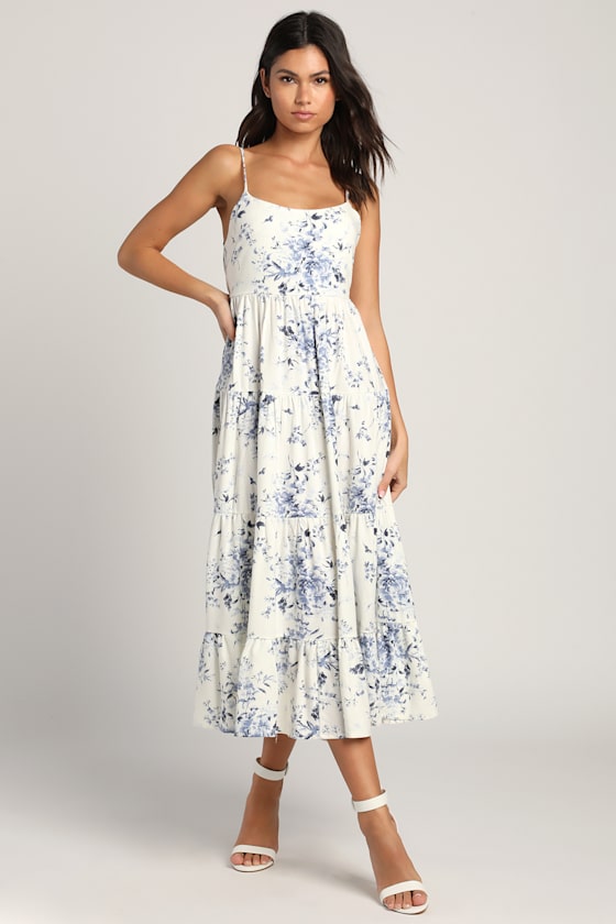 Mykonos Mood Ivory Floral Print Tie-Strap Tiered Midi Dress