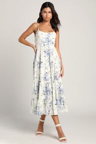 Mykonos Mood Ivory Floral Print Tie-Strap Tiered Midi Dress 6