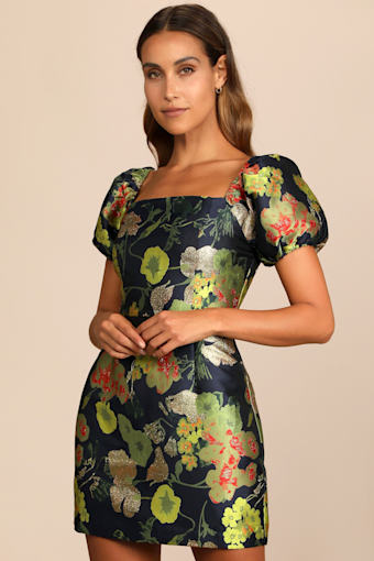 So Stunning Navy Blue Floral Jacquard Puff Sleeve Mini Dress 1