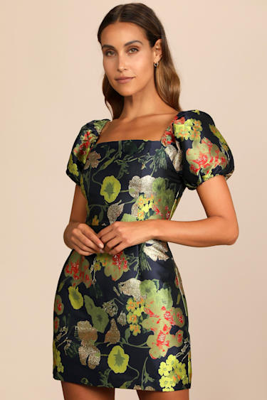 Navy Blue Floral Dress Jacquard Mini Dress Puff Sleeve Dress