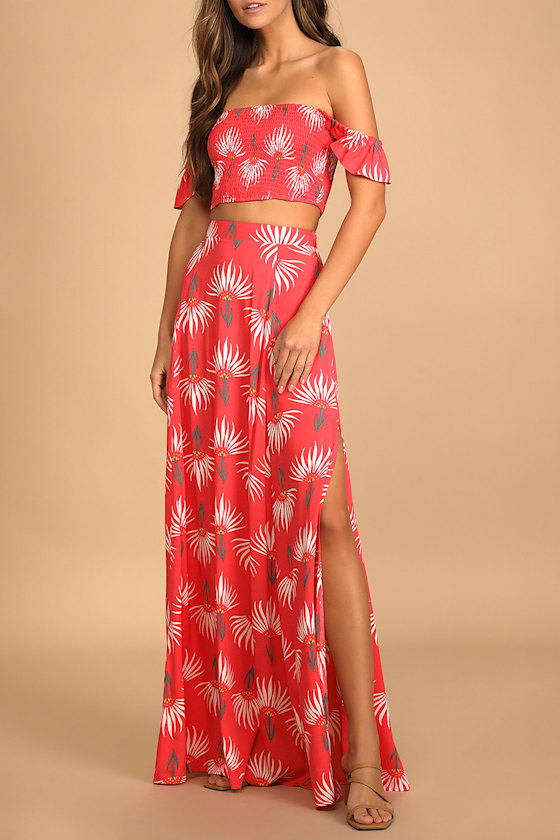 Coral Smocked Dress - Floral Print Dress - Two-Piece Maxi