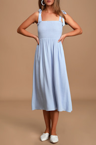Looking Up Light Blue Smocked Tie-Strap Midi Dress 1