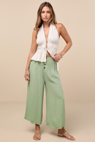Stroll On Over Sage Green Button-Front Wide-Leg Pants 2