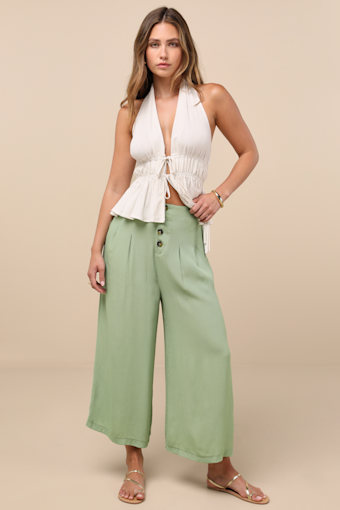 Stroll On Over Sage Green Button-Front Wide-Leg Pants 2