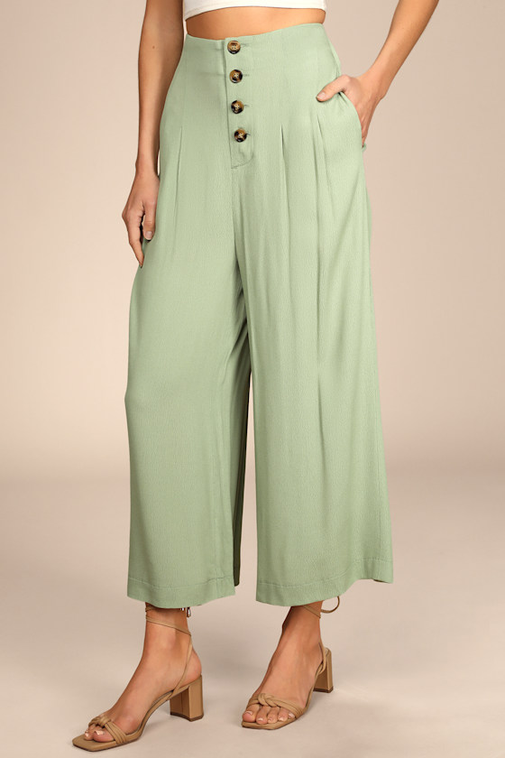 Stroll On Over Sage Green Button-Front Wide-Leg Pants 3