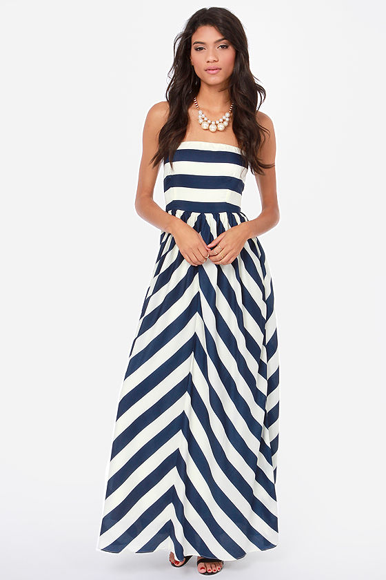 navy blue striped maxi dress