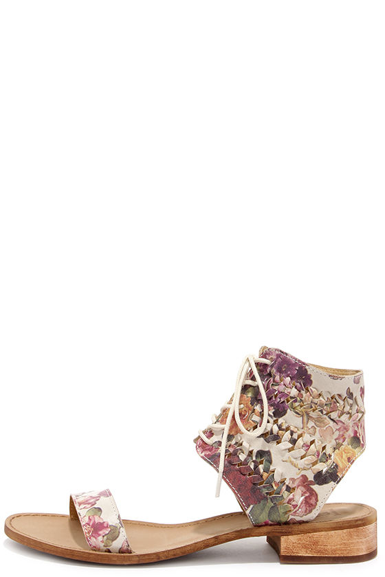 Lace-Up Sandals with Flower Detail - Blue