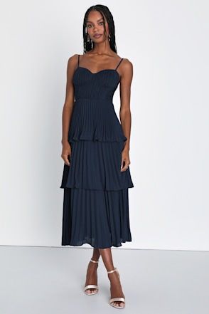 cascading crush cobalt blue tiered bustier midi dress Navy | Womens | X-Small (Available in S) | 100% Polyester courthouse wedding dress very fitted at natural Backless Short Sequin Tulip Size:S - $190.00