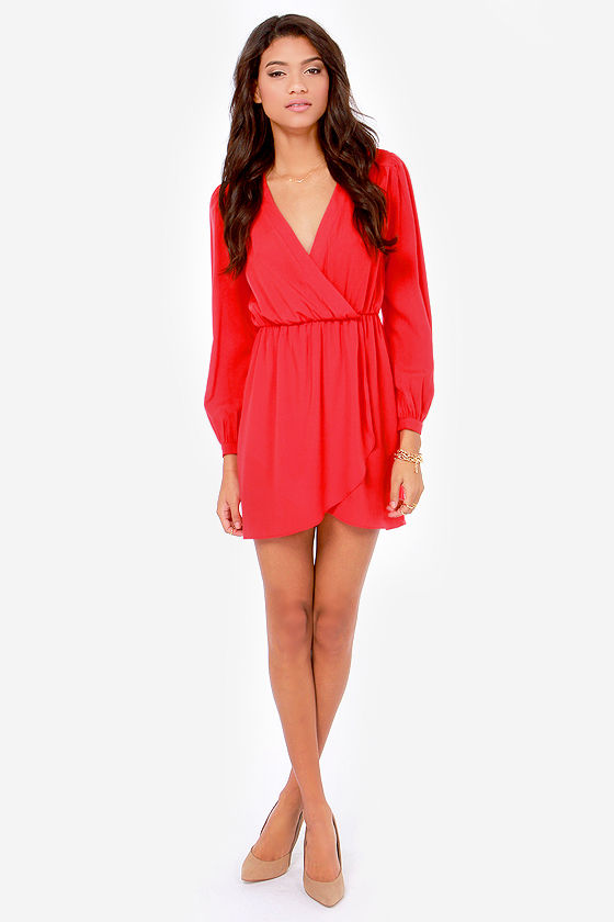 Cute Bright Red Dress - Wrap Dress - Long Sleeve Dress - $49.00