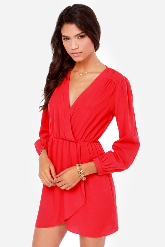 Cute Bright Red Dress - Wrap Dress - Long Sleeve Dress - $49.00